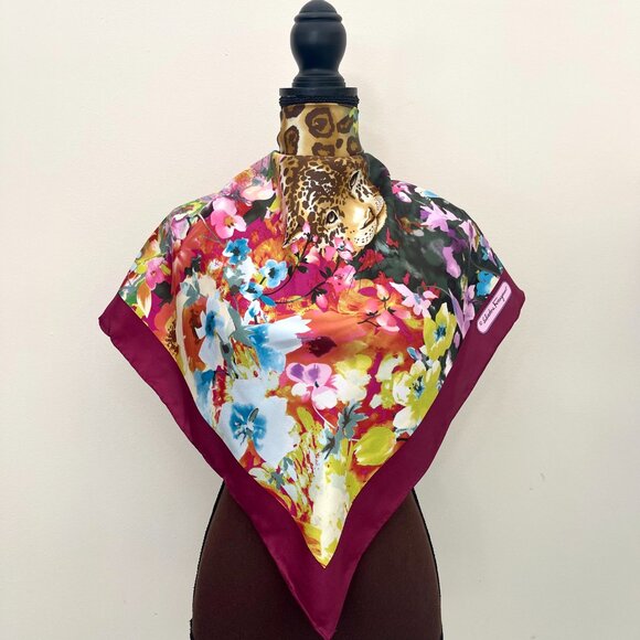 Salvatore Ferragamo Scarf Leopard in Flower Garden Burgundy Wine Wrap - Picture 1 of 16